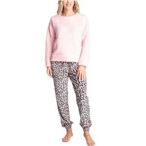Muk Luks Women’s Sherpa Pajama Set Blush Pink /Snow Leopard